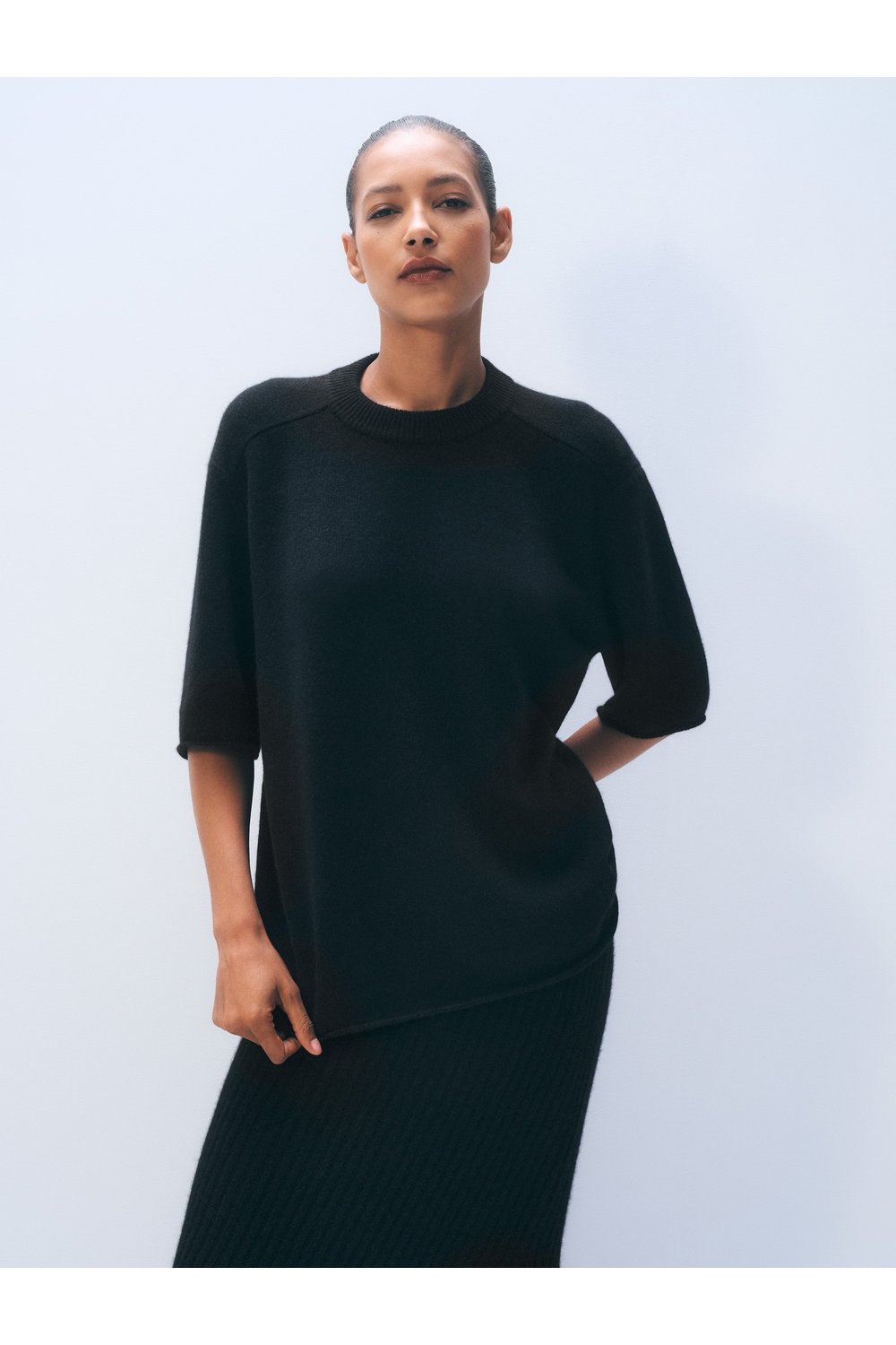 White + Warren Cashmere Oversized Tee in Black, styled on model