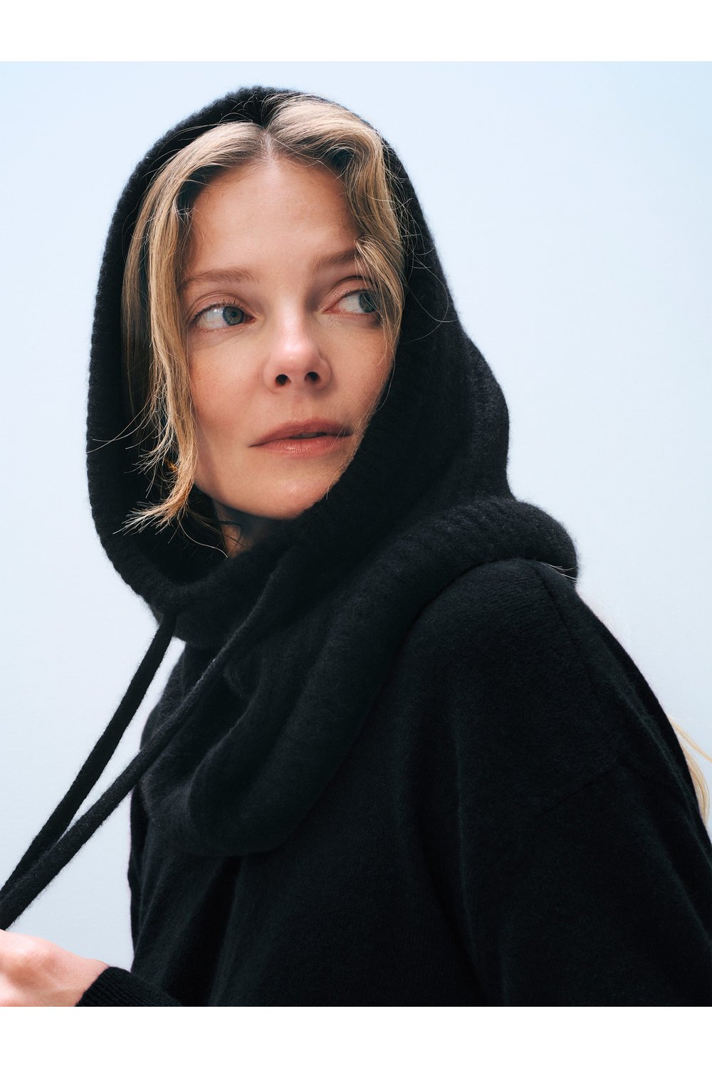 White + Warren Cashmere Ribbed Balaclava in Black, styled on model