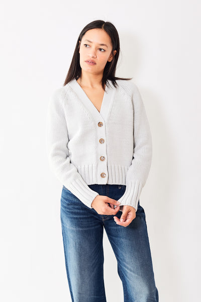 Amanda wearing the  Cotton Rope Button Cardigan Pale Grey Cord