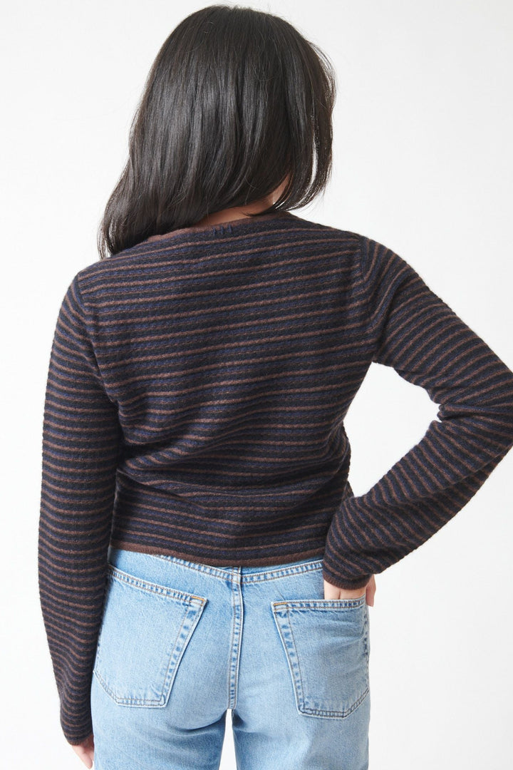 Model wearing White + Warren Cashmere Striped Sweater Coffee Bean Stripe rear view