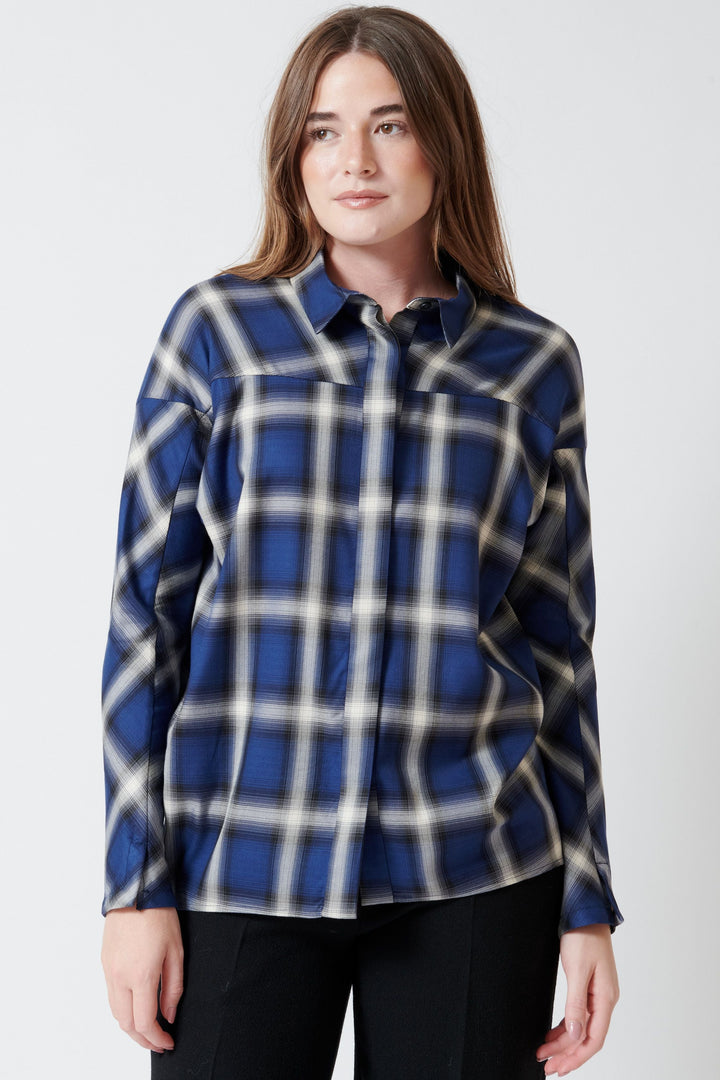 Model wearing Zero + Maria Cornejo City Plaid Manu Shirt front view