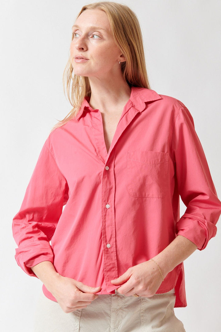 Madi wearing Frank & Eileen Silvio Untuckable Button Up Shirt front view