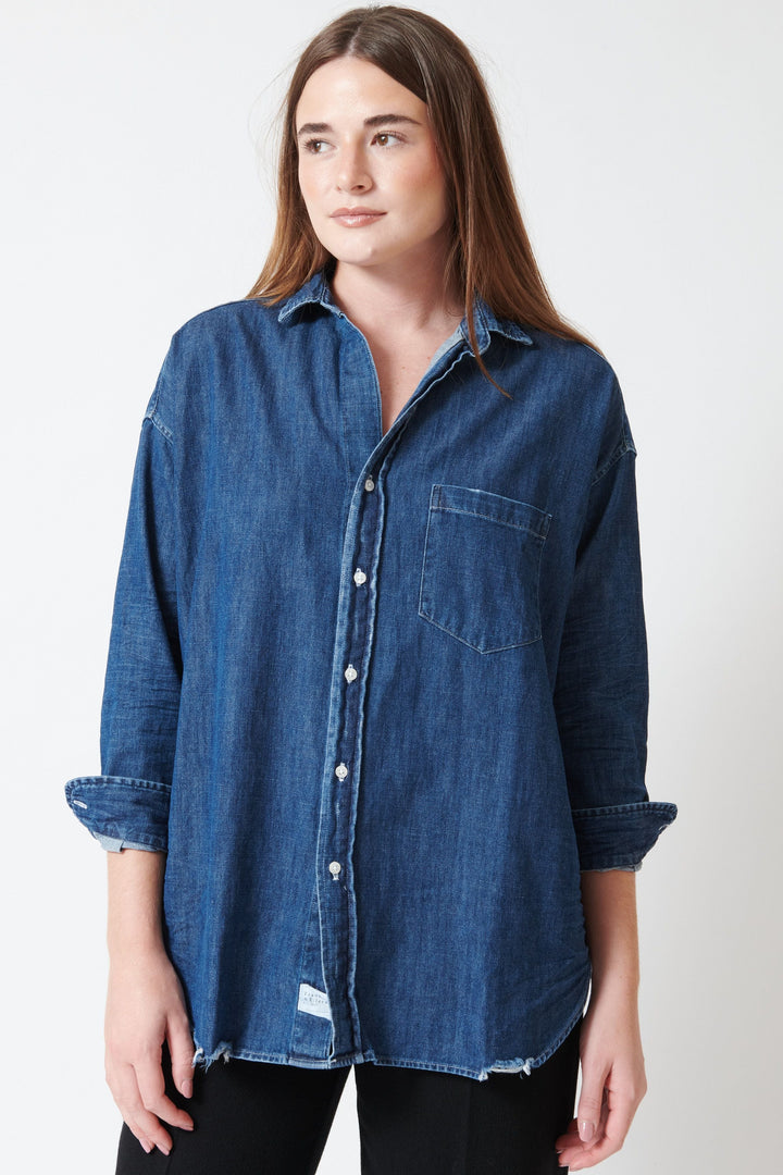 Model wearing Frank & Eileen Shirley Oversized Button Up Shirt front view