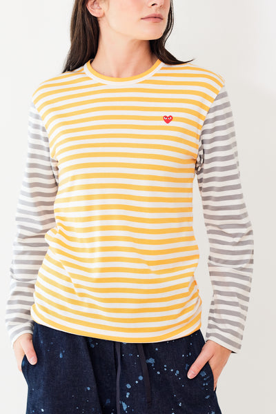 Comme des Garçons PLAY Bi-Colour Striped L/S Mens Tee w/ Red Heart