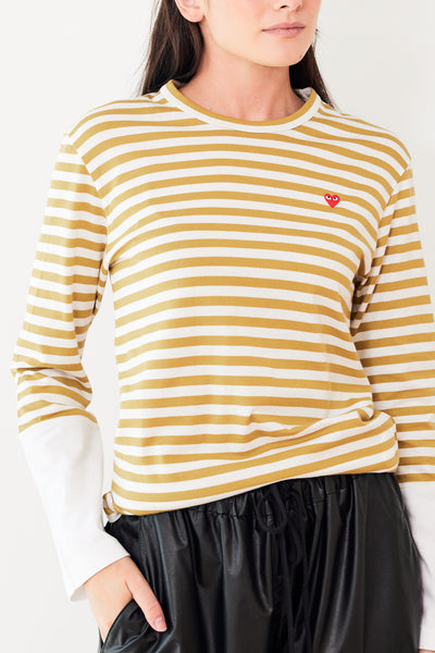 Comme des Garçons PLAY Striped White Sleeve L/S Mens Tee w/ Red Heart